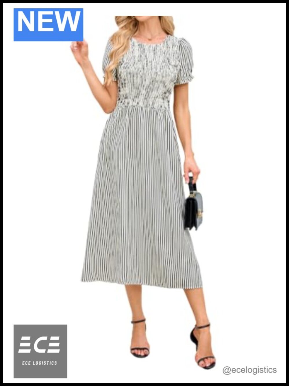Striped Smocked Midi Dress with Pockets Puff Sleeve Casual